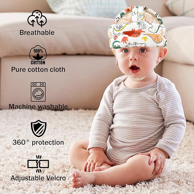 Baby Head Protector Baby Helmet for Crawling Walking, No Bumps Safety Head Adjustable Protective Cap for Walking, Playing - Red Dinosaur