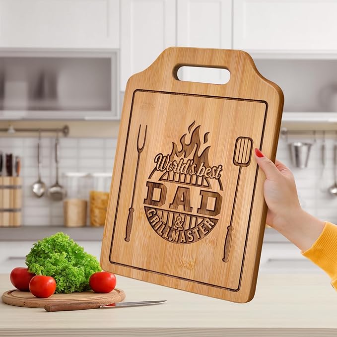 AceThrills Dad Gift for Dad Birthday Gift for Dads Gifts Who Wants Nothing from Daughter Son - Engraved Bamboo Cutting Board 13.78"L x 9.84"W x 0.4"Th