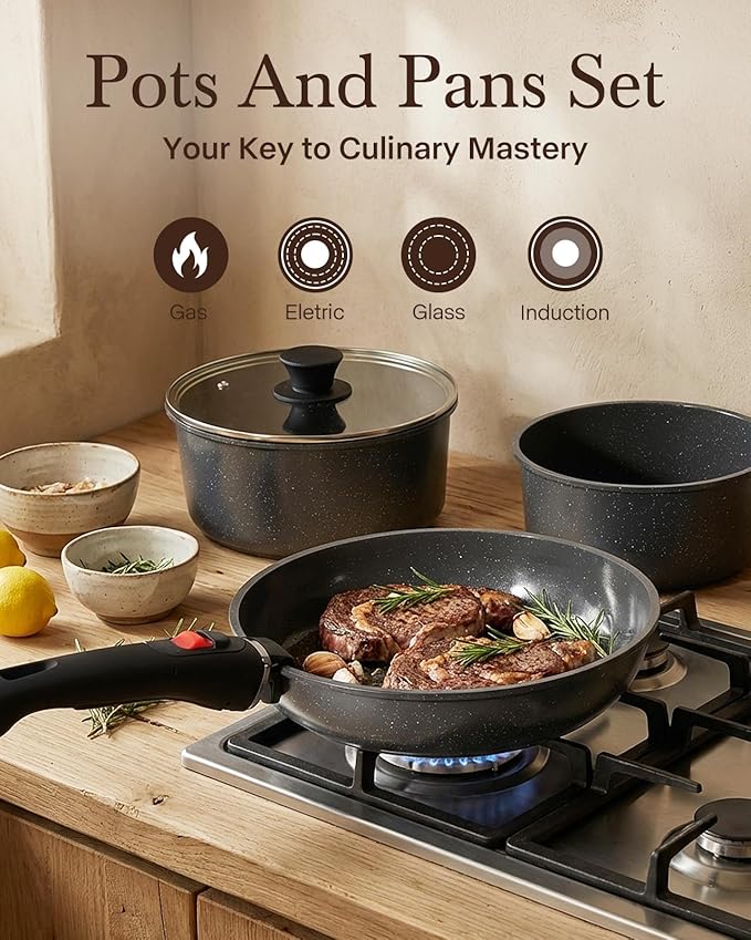 USELUCK 21Pcs Ceramic Pots and Pans Set Non Stick, Kitchen Cookware Set with Detachable Handles, Non Toxic Healthy Cooking Set, Induction Dishwasher Oven Safe, PTFE PFOA PFOS Free, Black