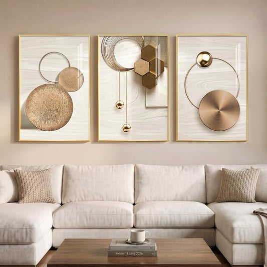 Large Framed Modern Luxury Gold Wall Art for Living Room, 3 Piece Bright Style Art Prints Paintings Artwork for Walls, Bronze Gold Geometric Pictures for Hallway Stair Office Wall Decor 24x36 In