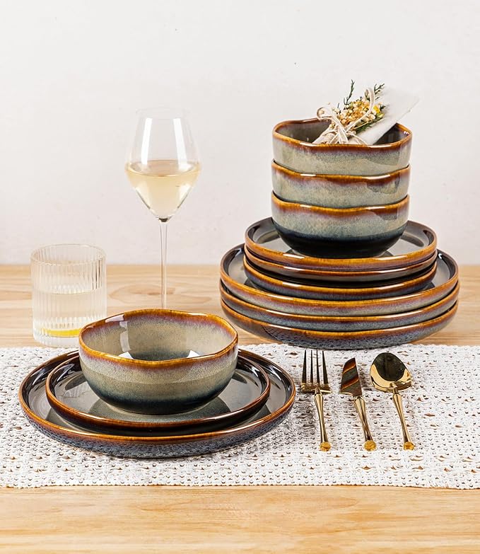 TheTerra Ceramic Dinnerware Sets for 6, 18 Pieces Porcelain Lightweight Plates and Bowls Sets, Scratch Resistant Dish Set, Oven & Microwave & Dishwasher Safe, Coffee Bean