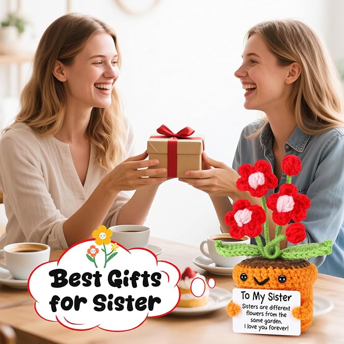 Agantree art Sister Gifts for Mothers Day Birthday Graduation Crochet Flowers for Women Big Little Older Unbiological Soul Sister in Law Sisters are Different Flowers, Flower Desk Decoration