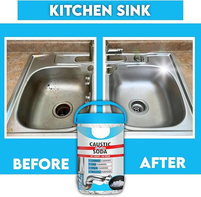 12.34oz Caustic Soda – Fast-Acting, Non-Toxic & Odorless Formula to Clear Blockages Instantly – Unblock Clogged Sinks & Pipes with Chimney & Drain Cleaner Flakes – 350 Grams