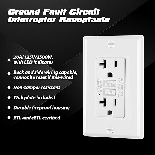 ELECTECK 6 Pack GFCI Outlets 20 Amp, Non-Tamper Resistant, Decor GFI Receptacles with LED Indicator, Ground Fault Circuit Interrupter, Wallplate Included, ETL Listed, White