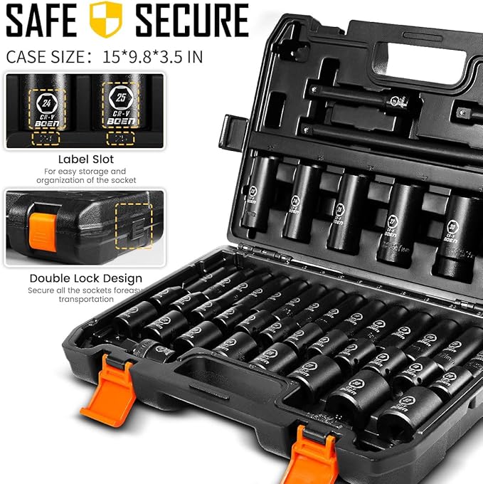 boen 45PCS 1/2” Drive Metric Socket Set, Impact Deep& Shollow Socket(9mm-32mm), 6 Point Lug Nut for Auto Repair with Portable Case, CR-V Steel