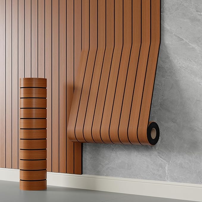YLL YLL PVC Slat Wall Panel Peel and Stick 118"x 15.7" Faux Walnut Wood Grain Slat Panel Self-Adhesive Wallpaper Soundproof 3D Wall Panels