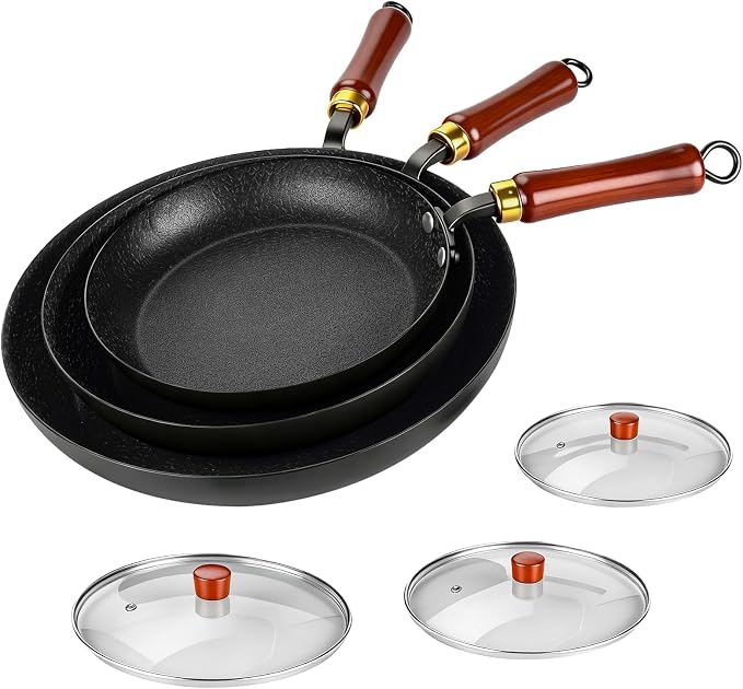 Nonstick Frying Pan with Lids Set, 10”/11”/12.5” Lightweight Iron Skillets | with Detachable Wooden Handles, Pre Seasoned wok with Tempered Glass Lids