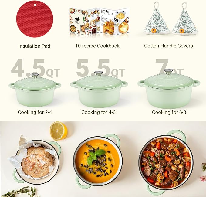 Overmont Enameled Cast Iron Dutch Oven - 5.5QT Pot with Lid Cookbook & Cotton Potholders - Heavy-Duty Cookware for Braising, Stews, Roasting, Sourdough Baking Verdant