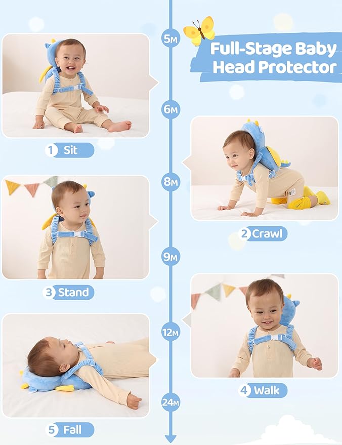 JunNeng Toddler Baby Head Protector Backpack for Toddler Walker with Knee Pads&Anti-Slip Socks, Dinosaur