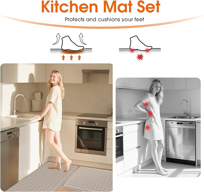 TranquilRelax Kitchen Mats, 2PCS Kitchen Rugs, Cushioned Anti Fatigue Kitchen Mats for Floor, Non-Slip Standing Sink Mat, Waterproof Kitchen Rug Set for Kitchen Floor Office,17.3"×30"+17.3"×47" Brown