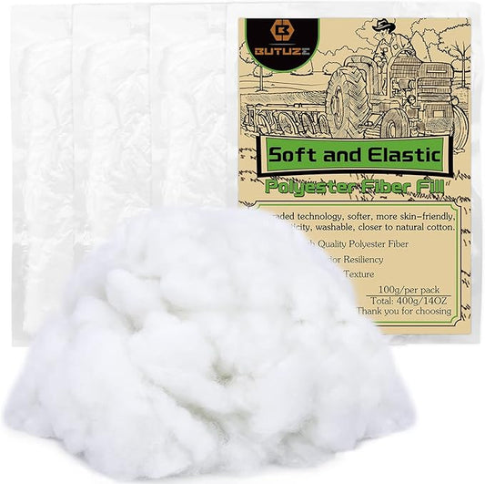 BUTUZE 400g/14.1oz Polyfill Stuffing Fiber Fill, (2.1oz-4.4lb) White Premium Fiberfill Stuffing for Craft, High Resilience Crochet Stuffing, Stuffing for Stuffed Animals, Cotton Batting, Recyclable