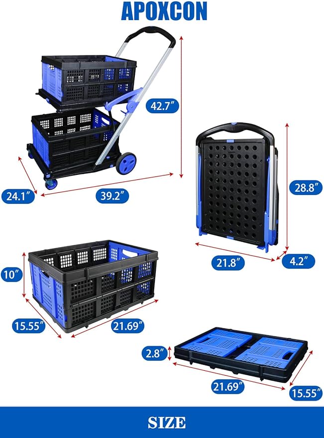 APOXCON Shopping Cart with 2 Storage Crates, Multi Use Two Tier Collapsible Cart with 360° Rolling Swivel Wheels Heavy Duty Folding Trolley for Shopping, Picnic and Office