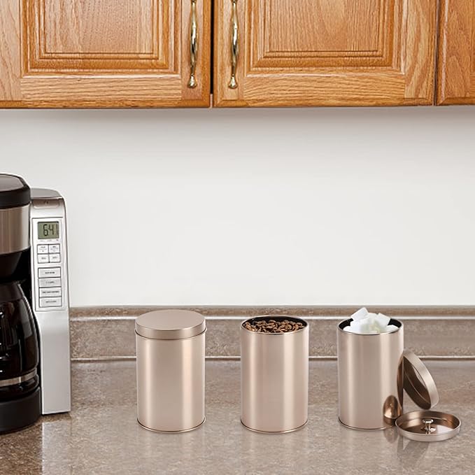 Yesland 6 Pack Tea Tin Canister with Airtight Double Lids, 12 Fluid Oz Tin Can Box and Small Round Kitchen Canisters for Loose Tea, Coffee, Candy, Herbs and Spices(Rose Gold)