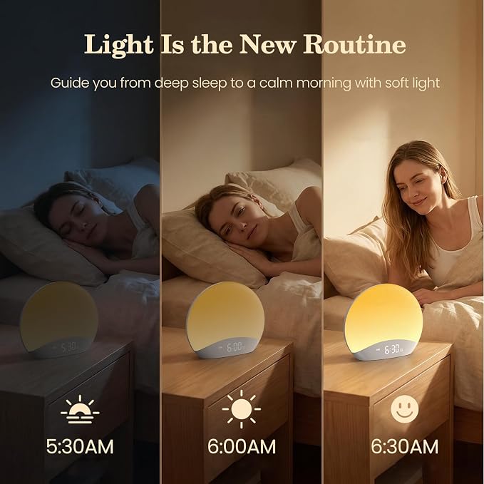 REACHER Sound Machine Sunrise Alarm Clock with Night Light, 26 Nature Inspired Sleep Sounds, 0-100% Dimmable Clock, Sunrise Lamp, Wake Up Light, Brown/Pink/White Noise Machine for Babys, Adults, Kids