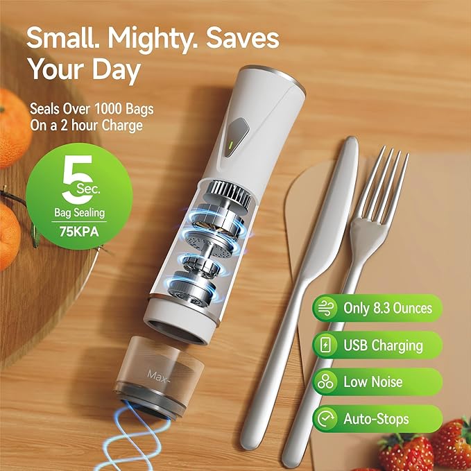 Handheld Vacuum Sealer, Premium Vacuum Sealer for Food + 35 Reusable Sous Vide Bags, Powerful Vacuum Food Sealer for Kitchen, Home, BBQ, Travel, Gifts, Seal Food 6X Fresh Longer