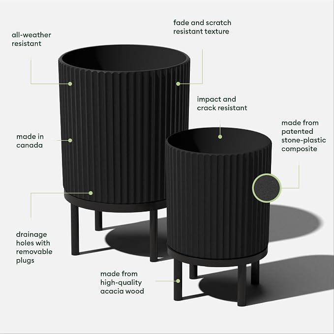 Veradek Demi Series Round Planter w/Stand for Porch/Patio | Durable Plastic-Stone Composite & Wooden Stand | Modern Décor for Tall Plants, Flowers