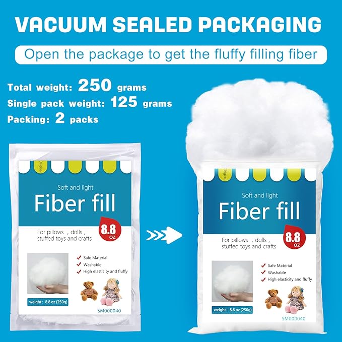 BUTUZE 250g/8.8oz Polyfill Stuffing Fiber Fill, (2.1oz-4.4lb) White Premium Fiberfill Stuffing for Craft, High Resilience Crochet Stuffing, Stuffing for Stuffed Animals, Cotton Batting, Recyclable