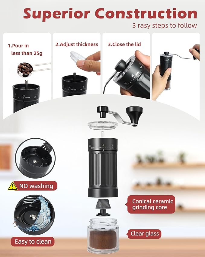 GCCTXC Manual Coffee Grinder with Ceramic Burr Handheld Hand Crank Espresso Grinder for Coarse Drip Fine Pour Over French Press Small Portable for Travel Camping Quiet Adjustable with Grind Settings