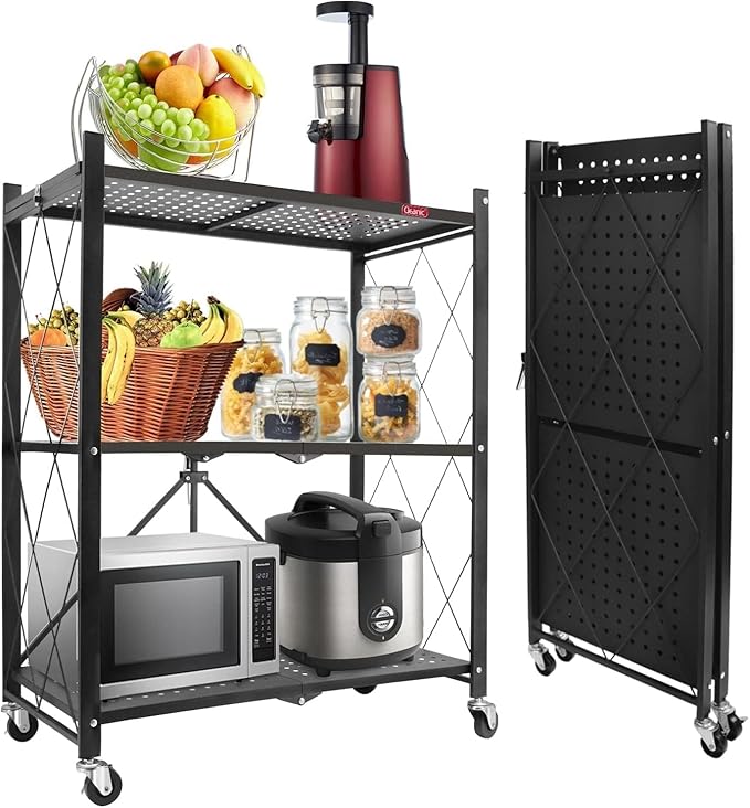 DEANIC 3 Tier Foldable Storage Shelves with Wheels, Kitchen Appliance Stand, Freestanding Metal Wire Shelf Rack, No Assembly Organizer Rolling Cart for Garage, Basement, Pantry (Black)
