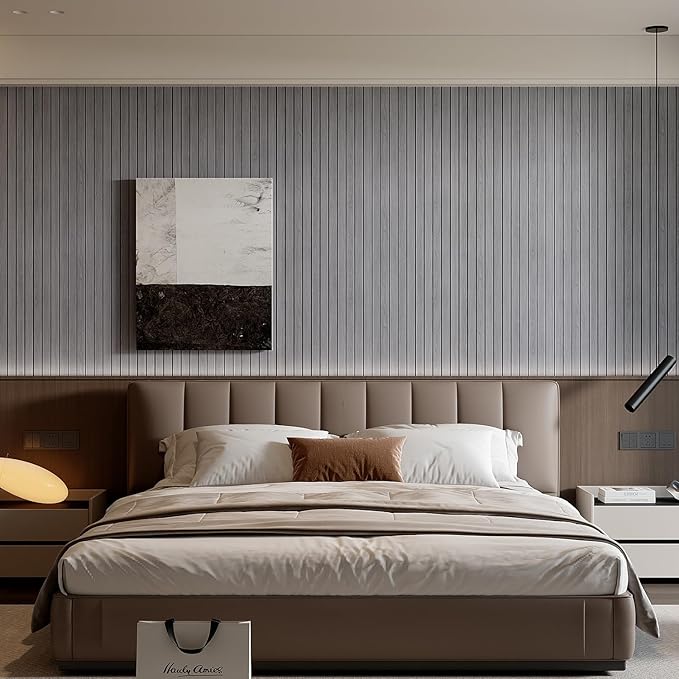 YU LI 3DH Peel and Stick PVC Slat Wall Panel 118"x15.75" Self-Adhesive Thick Faux Grey Wood Grain Wallpaper Panel 3D Soundproof Wall Panels for Walls & Ceilings