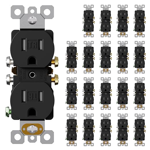 AIDA 20 Pack Matte Black 15 Amp Outlet Duplex Electrical Receptacle Outlets,Power Outlet,Tamper Resistant,Heavy-Duty Receptacle, 2 Pole,3-Wire, Self-Grounding Clip, NEMA 5-15R,UL Listed