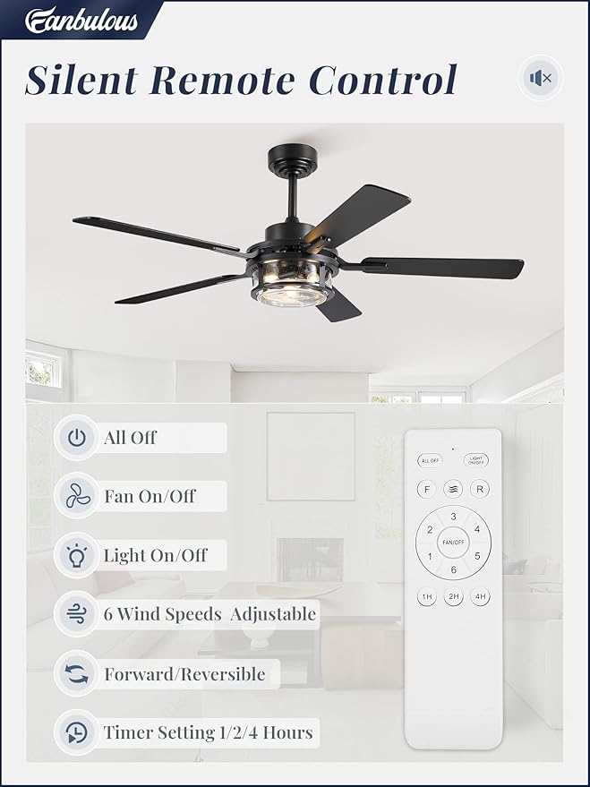 Fanbulous 52 Inch Ceiling Fan with Light and Remote,Downrod Mount Farmhouse Ceiling Fan for Bedroom, Quiet 6-Speed Reversible DC Motor, Rustic Black & Wood Finish Blades
