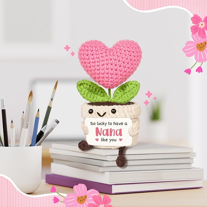 Nana Gifts, Mothers Day Birthday Gifts for Nana from Granddaughter Grandson, Handmade Emotional Positive Mini Crochet Pink Heart Flower