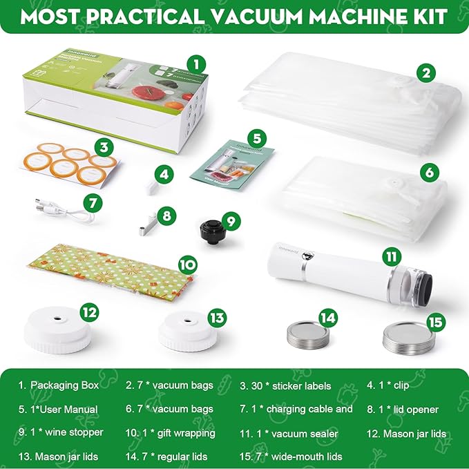 3-in-1 Vacuum Sealer for Food Compatible with Vacuum Bag, Mason Jar, Wine Bottle, Handheld Saver Compact Vacuum Sealer Machine with 14 Reusable Bags