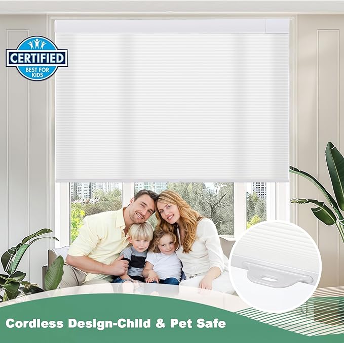 Tonature No Drill Cellular Shades for Indoor Windows, Thermal Insulating & Noise Reducing Honeycomb Blinds, Cordless Free Stop Blinds Light Filtering, White,27 1/2" W x 80" H
