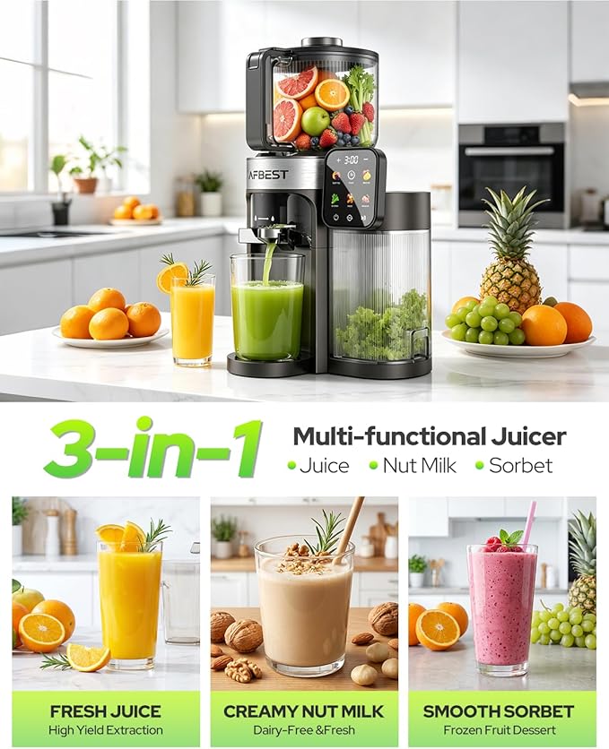 2026 Upgraded Cold Press Juicer Machine, 6.5" Extra Wide Chute Masticating Juicer with 100oz Self-Feeding Hopper,3-in-1 Smart Touch Slow Juicer for Sorbet & Nut Milk, High Yield, Easy Clean
