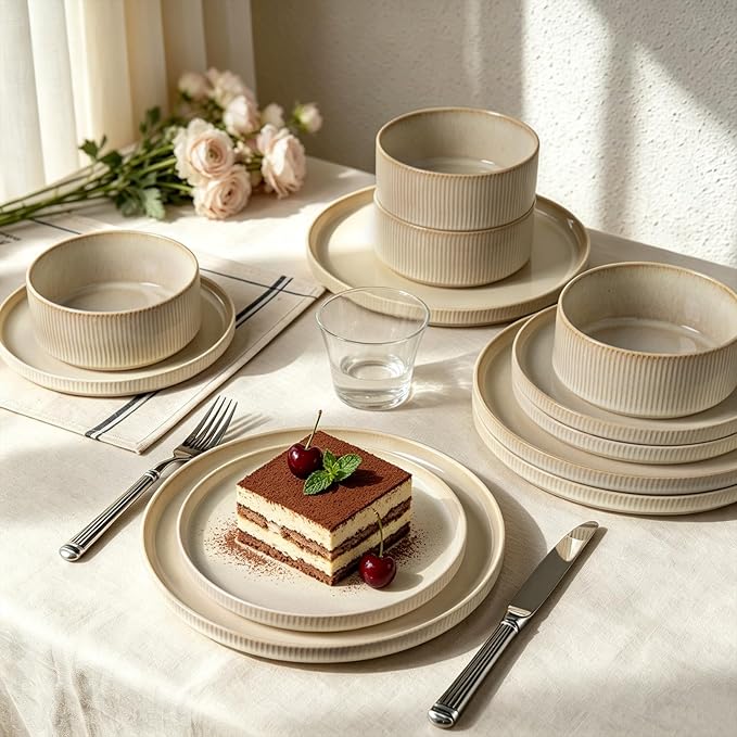 Stoneware Dinnerware Sets, Plates and Bowls Sets for 4, 12-Piece Ribbed Dishes – Chip & Scratch Resistant, Microwave and Dishwasher Safe Tableware, Beige