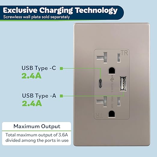 TOPGREENER 2-Port USB Outlet, Type C USB Wall Charger Outlet, 20 Amp TR Receptacle Plug, Charging Power Outlet with USB Ports, Wall Plate Included, UL Listed, TU22036AC-NKWSI, Nickel