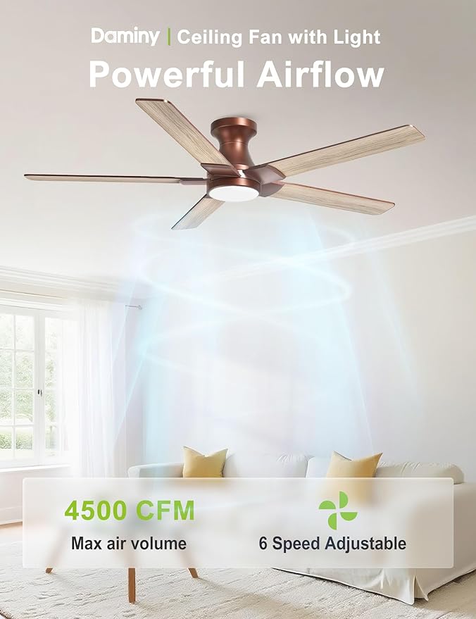 DAMINY 52 inch Brown Ceiling Fans with Lights,5 Blades,6CCT, Low Profile,Remote Control,for Bedroom, Kitchen,Living Room,Indoor/Outdoor Use,Flush Mount
