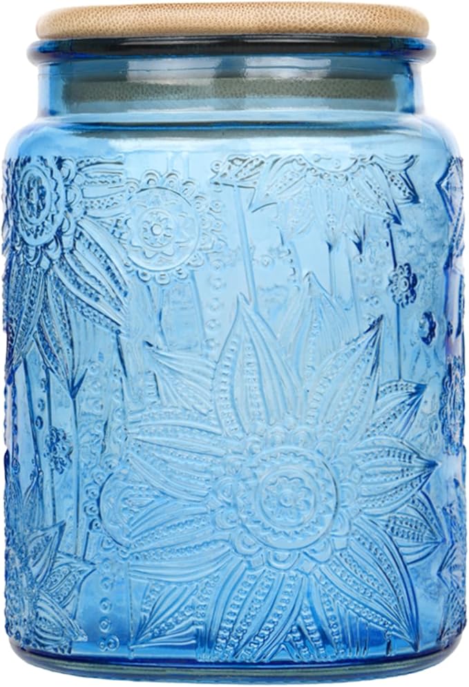 Custde Blue Vintage Glass Candy Jar with Airtight Bamboo Lid, 23.7oz Kitchen Storage Canister for Sugar, Coffee, Tea, Cookies, Bath Salt - Decorative Mason Jar for Pantry & Counter(Blue, 23.7 fl oz)