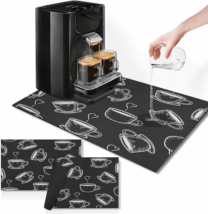 Arttown Coffee Mat for Countertops, Coffee or Tea Cups Black Dish Drying Mat 2 Pcs for Kitchen Bar Accessories, Cafe Maker Espresso Machine Dish Rack Hide Stain Rubber Backed 12x19In