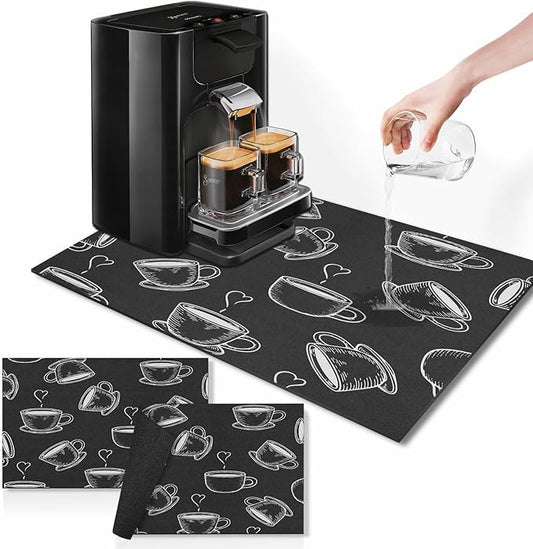 Arttown Coffee Mat for Countertops, Coffee or Tea Cups Black Dish Drying Mat 2 Pcs for Kitchen Bar Accessories, Cafe Maker Espresso Machine Dish Rack Hide Stain Rubber Backed 12x19In