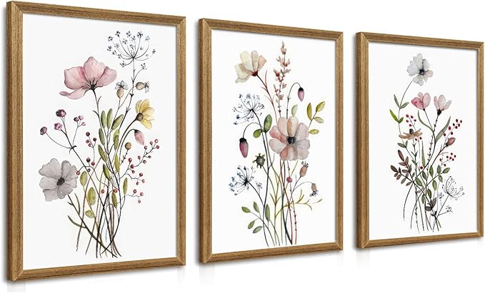 WRFON Framed Botanical Canvas Wall Art Set of 3, Watercolor Floral Prints, Framed Flower Wall Decor for Bedroom Bathroom Living Room, 12x16 Inch Each