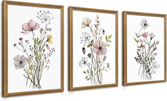 WRFON Framed Botanical Canvas Wall Art Set of 3, Watercolor Floral Prints, Framed Flower Wall Decor for Bedroom Bathroom Living Room, 12x16 Inch Each