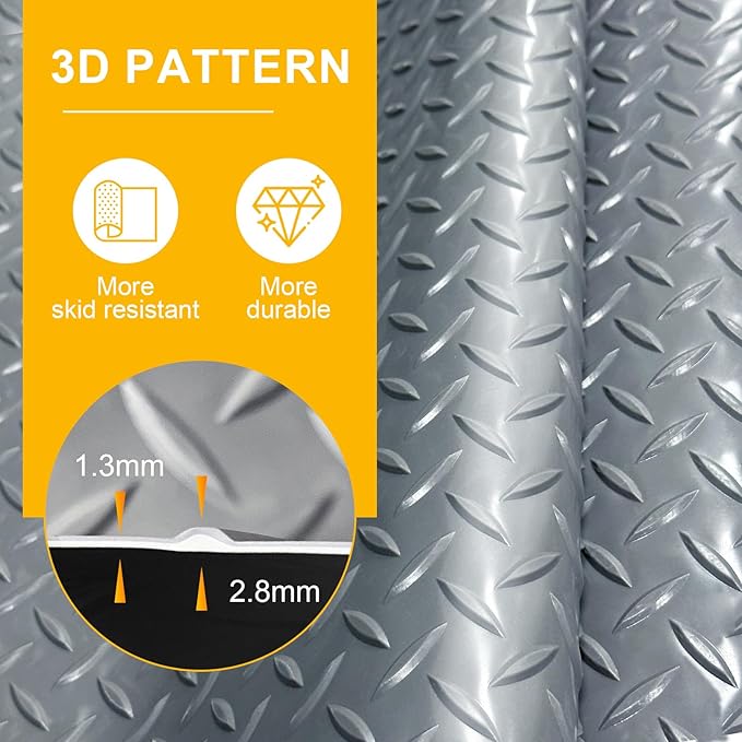 Grandroad auto 10x20 FT Garage Floor Mat, 2.8mm Thickened Flooring Roll for Under Car Diamond Plate PVC Rubber Mat with 20 Pcs Tapes, Non-Slip Floor Mat for Garage, Warehouse, Gyms, Trailer, Gray