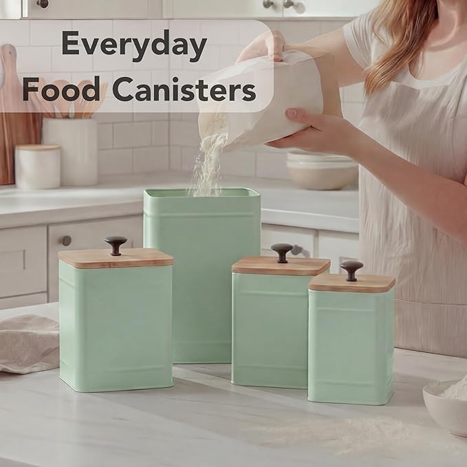 PERFNIQUE Kitchen Canisters, Airtight Canister Sets of 4 for Kitchen Counter, Sage Green Kitchen Accessories, Coffee Tea Sugar Flour Spice Tin Jars Food Storage (Sage Green)