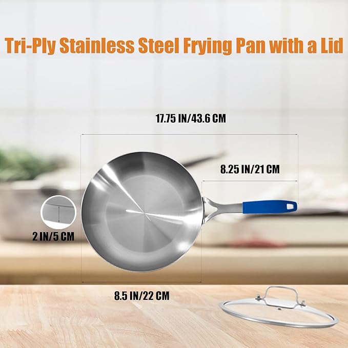 Inqibee 8.5 Inch Tri-Ply Stainless Steel Frying Pan with Lid, Skillet, Induction Cooking Pan, Chef's Pan, Induction Cooking Pans, Pots and Pans Set, Dishwasher Safe and Detachable Handle