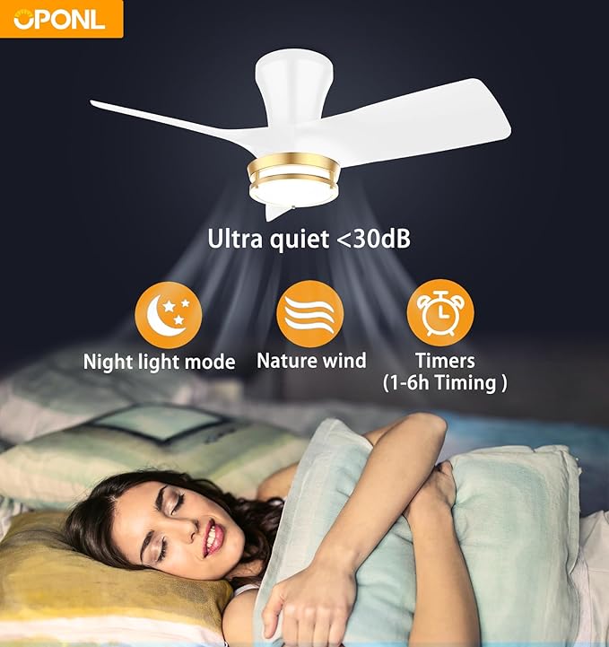 OPONL 30 Inch White Ceiling Fan with Light, with Gold Trim Ring, Large Air Volume, flush mount ceiling fan for Bedroom Kitchen Dining room Patio