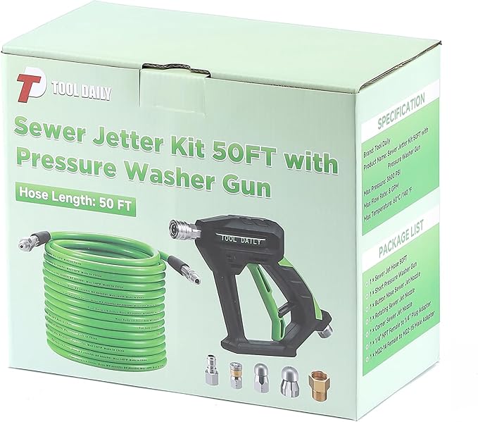 Tool Daily Sewer Jetter Kit for Pressure Washer 50 FT, Short Power Washer Gun, Drain Cleaner Hose 1/4 Inch NPT, Corner, Rotating and Button Nose Sewer Jet Nozzle, 3600 PSI