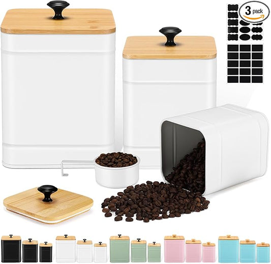 Tioncy Kitchen Canisters for Countertop Set of 3 Metal Canisters Sets with Bamboo Lids Spoon Airtight High Capacity Coffee Tea Sugar Flour Jars with DIY Labels Farmhouse Food Storage(White,XL,L,M)