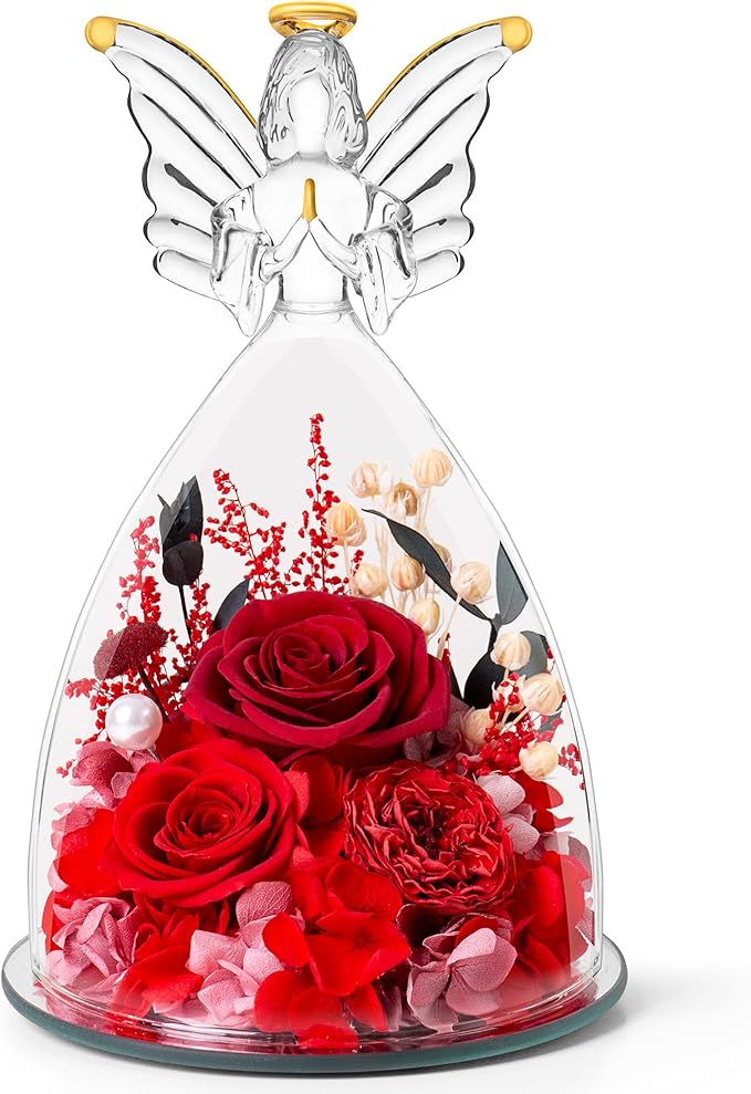 Mothers Day Roses Gifts for Mom Forever Preserved Real Roses Flowers in Glass Angel Figurines Fresh Flowers for Delivery for Grandma Women Mom Wife from Daughter/Red