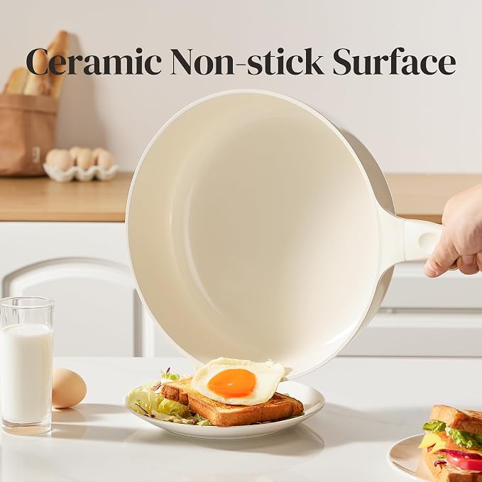 Redchef Nonstick Deep Frying Pan with Lid, Ceramic Saute Pan Skillet, PFOA PFOS Free, Induction Compatible, Stay-Cool Helper Handle, Tempered Glass Cover, Dishwasher Safe, Beige