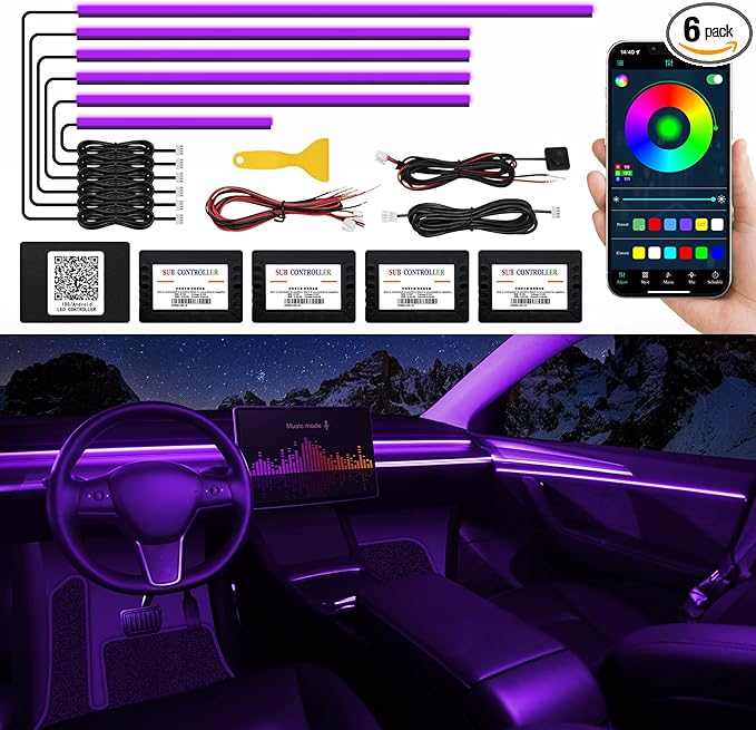 Acrylic Interior Car LED Strip Light with Wireless APP, RGB 6 in 1 with 175 inches 593 LEDs Fiber Optic Ambient Lighting Kits, 16 Million Colors Sound Active Function Car Neon Lights