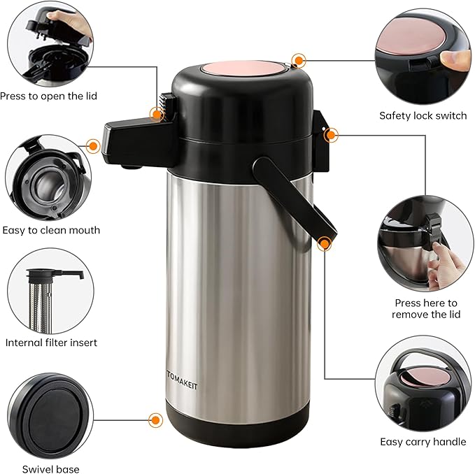 TOMAKEIT Airpot Coffee Dispenser with Pump,102 OZ/ 3L Large Coffee Dispenser with Tea Filter for Party Hot Drinks Water Tea Chocolate Hot/Cold Water, Insulated Stainless Steel Thermal Carafes