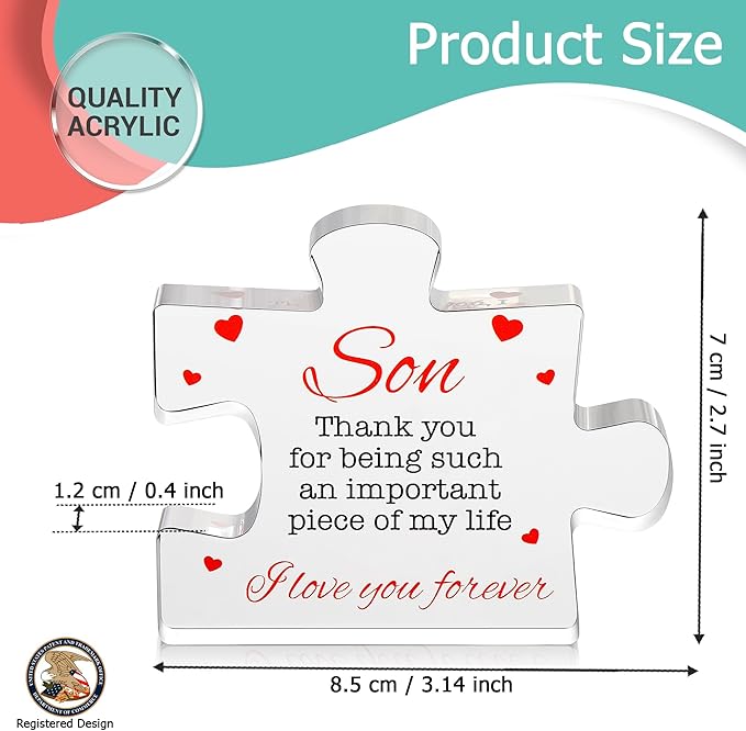 VELENTI Gifts for Son - Engraved Acrylic Block Puzzle Son Gift 3.35 x 2.76 inch - Son Thank You Gift from Mom and Dad - Son Birthday Gift - Christmas, Graduation Gift for Men, Boys