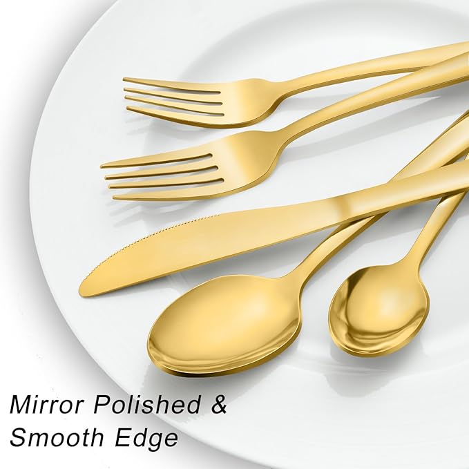 Pleafind 48-Pieces Gold Silverware Sets for 8, Flatware Set with Steak Knives, Stainless Steel Cutlery Set, Include Forks Spoons and Knives Set, Dishwasher Safe Utensil Sets for Home Restaurant